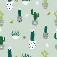 Seamless hand drawn potted plants, cactus pattern on green background