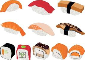 sushi y roll diferentes tipos e ingredientes conjunto de ilustraciones vectoriales vector