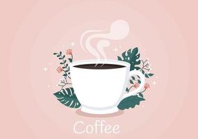 Coffee Cup Background Vector With Cacao Beans, Grains and Jug