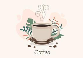 Coffee Cup Background Vector With Cacao Beans, Grains and Jug