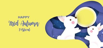 Mid autumn festival banner with cute rabbits and the moon . vector