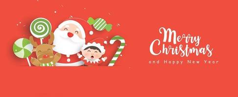 Banner de venta de Navidad con una linda Papá Noel y amigos. vector