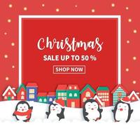 Christmas sale banner with a cute penguins. vector