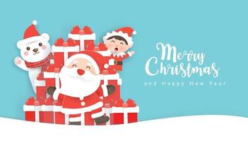 Christmas sale banner with a cute Santa clause and friends . vector