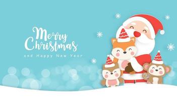 Christmas sale banner with a cute Santa clause and friends . vector