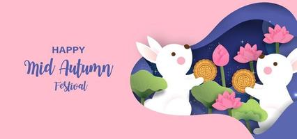 Mid autumn festival banner with cute rabbits and the moon . vector