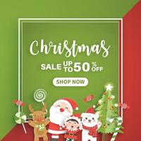 Christmas sale banner with a Santa clause and friends . vector