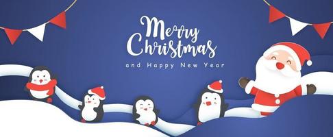 Christmas sale banner with a cute Santa clause and friends . vector