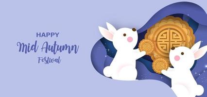 Mid autumn festival banner with cute rabbits and the moon . vector