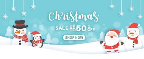 Christmas sale banner with a cute Santa clasue and friends . vector