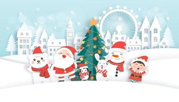 Christmas sale banner with a cute Santa clause and friends . vector