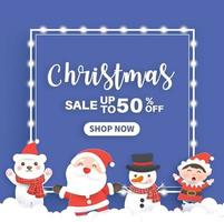 Christmas sale banner with a cute Santa clause and friends . vector