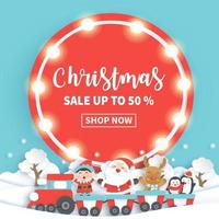 Christmas sale banner with a santa clause and friends in the forest. vector