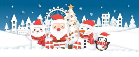 Christmas and happy new year banner with cute Santa and friends .