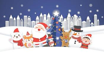 Christmas sale banner with a cute Santa clause and friends . vector