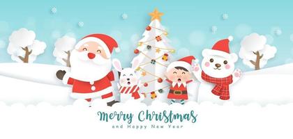Christmas and happy new year banner with cute Santa and friends . vector