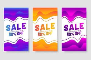 Conjunto de 3 diseño fluido moderno dinámico para banners de mega venta. vector