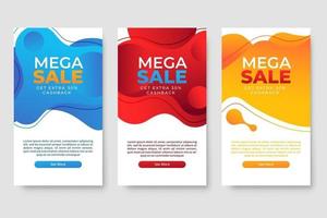 Conjunto de 3 diseño fluido moderno dinámico para banners de mega venta. vector