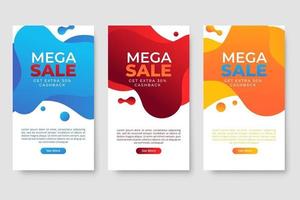 Conjunto de 3 diseño fluido moderno dinámico para banners de mega venta. vector