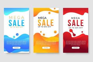 Conjunto de 3 diseño fluido moderno dinámico para banners de mega venta. vector