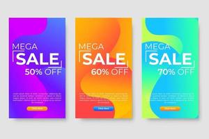 Conjunto de 3 diseño fluido moderno dinámico para banners de mega venta. vector