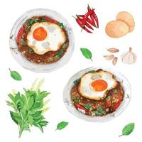 Thai Stir-Fried Minced Beef with Holy basil and Crispy Fried egg vector