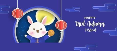 Mid autumn festival banner with cute rabbits and the moon  . vector