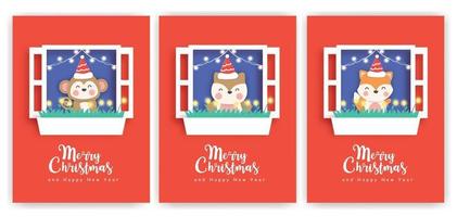 Christmas cards  and new year greeting cards with a cute animals. vector