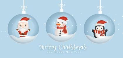 Merry Christmas and happy new year banner with santa and friends. vector