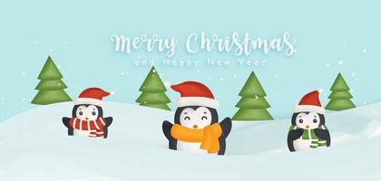 Merry Christmas and happy new year banner with cute penguins . vector