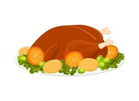 Plate of cooked turkey with oranges, grapes and green garnish vector