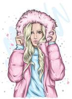 Beautiful girl with long hair in a warm jacket and a hood with fur. vector