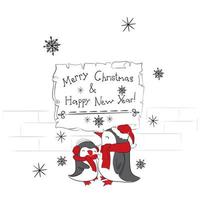 Postcard Happy New Year and Merry Christmas. Penguins. vector