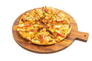 Seafood of shrimp, octopus, mussel, and crab pizza on wood tray photo