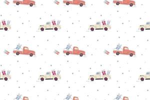 Seamless winter pattern of cars with gifts vector