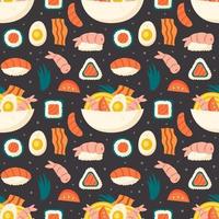 Sushi salmon rice shrimp nori ramen roll Packaging wrapping paper vector