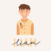 Portrait of a boy and Liam inscription in a flat style. vector