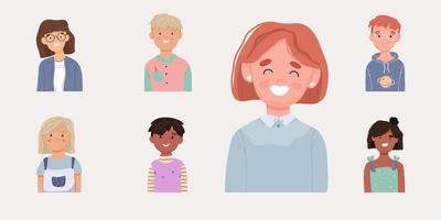 un grupo de escolares. retratos de niños y niñas vector