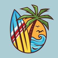 Surfboard with palm tree. Surfing concept art in cartoon style. vector