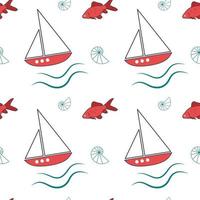 Summer nautical pattern with ships with white sails and seashells vector