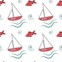 Summer nautical pattern with ships with white sails and seashells vector