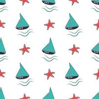 Summer nautical pattern with ships, waves and starfish vector