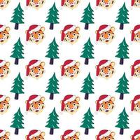 Seamless pattern with a Christmas tree and a tiger in a red Santa hat vector