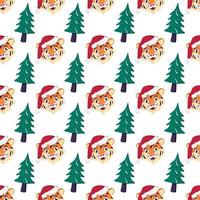 Seamless pattern with a Christmas tree and a tiger in a red Santa hat vector