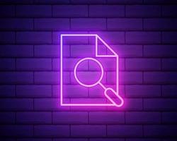 Glowing neon line Document with search icon isolated on brick wall vector