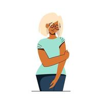 Girl hugged herself by the shoulder, self love concept, vector flat