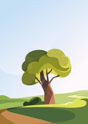 Tree on the hill in summer season. Landscape in vertical orientation.