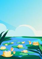 Scenery with blooming lotuses on the river in vertical orientation. vector