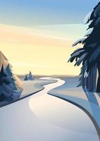 Frozen river at sunset. Winter scenery in vertical orientation. vector