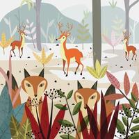 Wolf fox and deer in the forest. vector